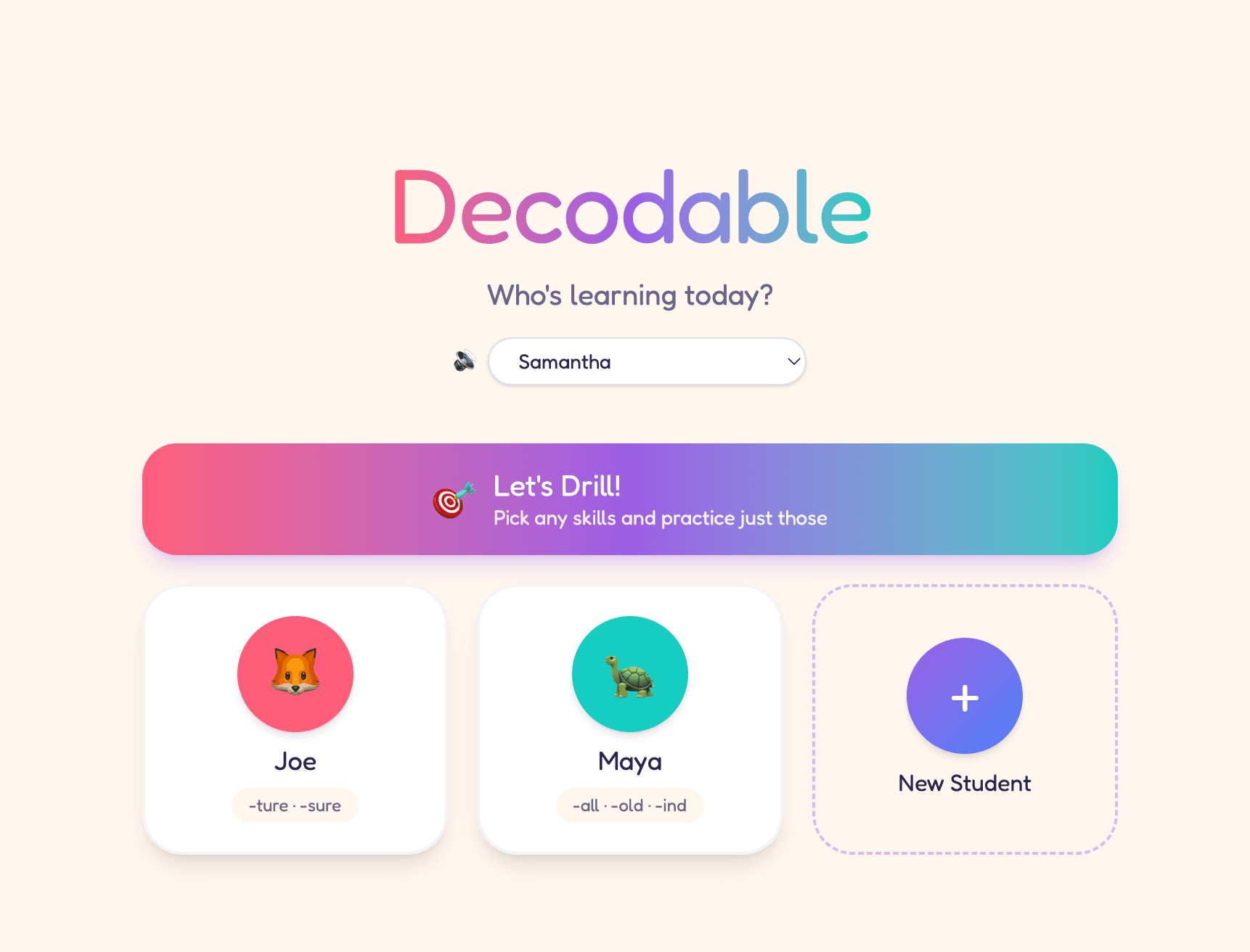 Screenshot of Decodable, a phonics tile app.