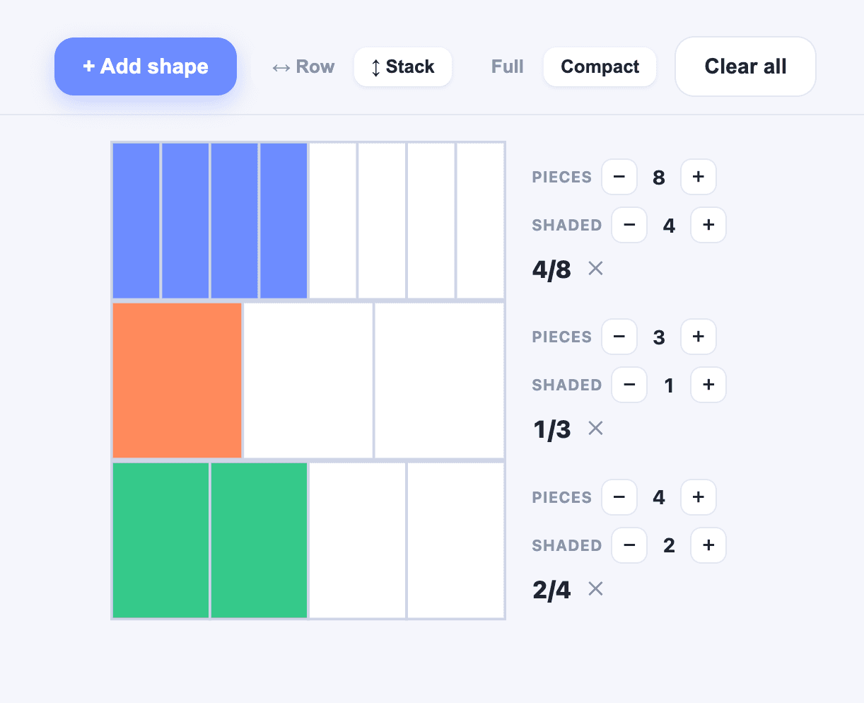 Screenshot of Fraction Playground, with shaded fraction bars.