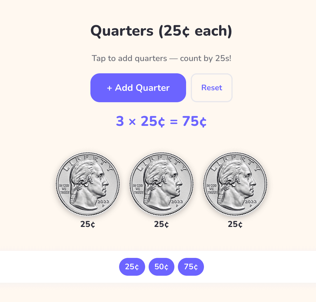 Screenshot of Multiplication Mastery, a skip-counting practice with coins.